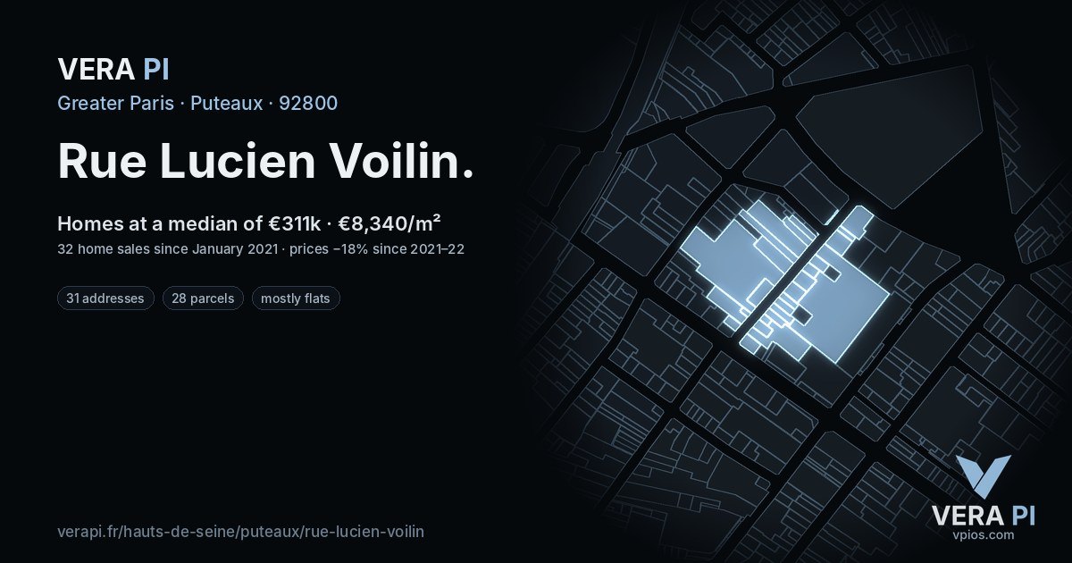 Rue Lucien Voilin, Puteaux at night – every parcel coloured by the prices around it, the street's own parcels lit