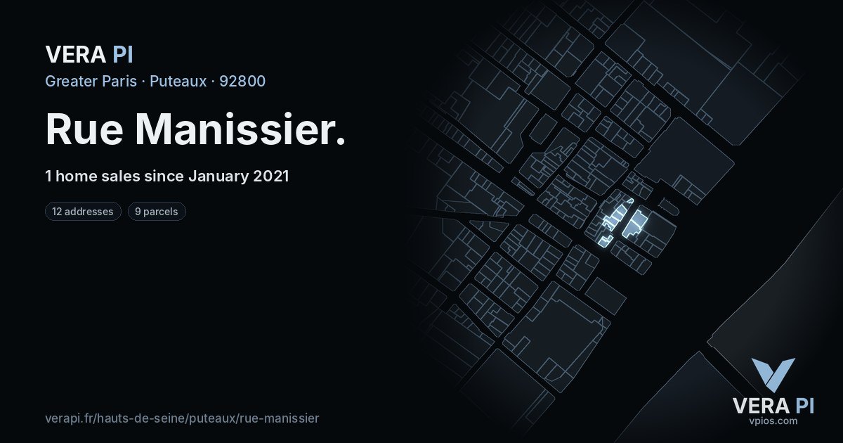 Rue Manissier, Puteaux at night – every parcel coloured by the prices around it, the street's own parcels lit