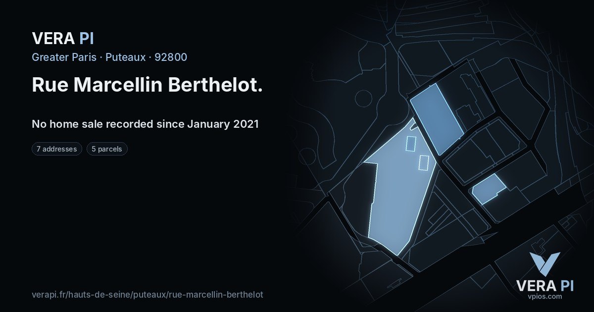 Rue Marcellin Berthelot, Puteaux at night – every parcel coloured by the prices around it, the street's own parcels lit