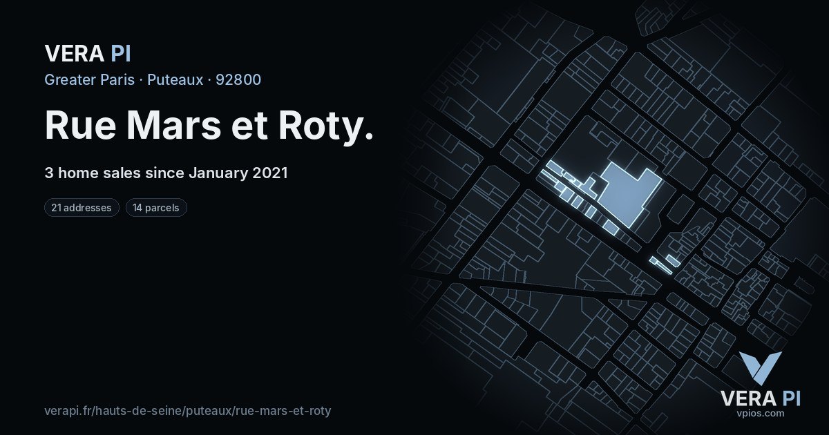 Rue Mars et Roty, Puteaux at night – every parcel coloured by the prices around it, the street's own parcels lit