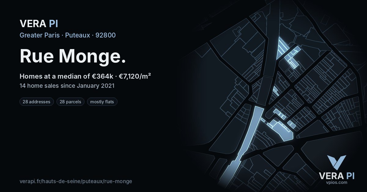 Rue Monge, Puteaux at night – every parcel coloured by the prices around it, the street's own parcels lit