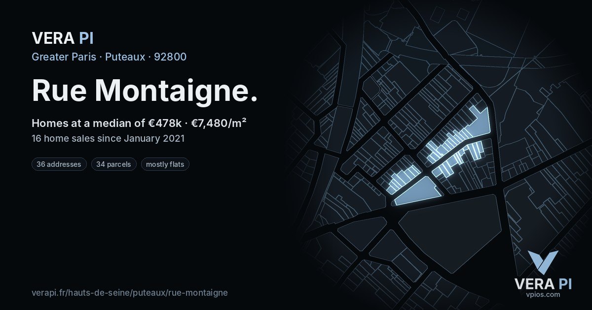 Rue Montaigne, Puteaux at night – every parcel coloured by the prices around it, the street's own parcels lit