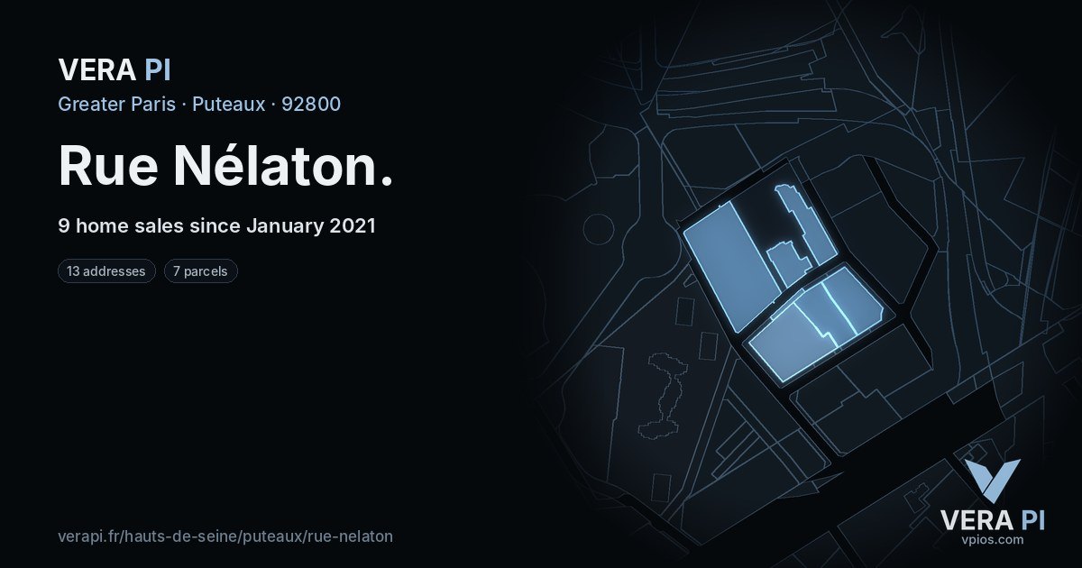 Rue Nélaton, Puteaux at night – every parcel coloured by the prices around it, the street's own parcels lit