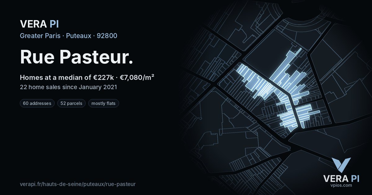 Rue Pasteur, Puteaux at night – every parcel coloured by the prices around it, the street's own parcels lit