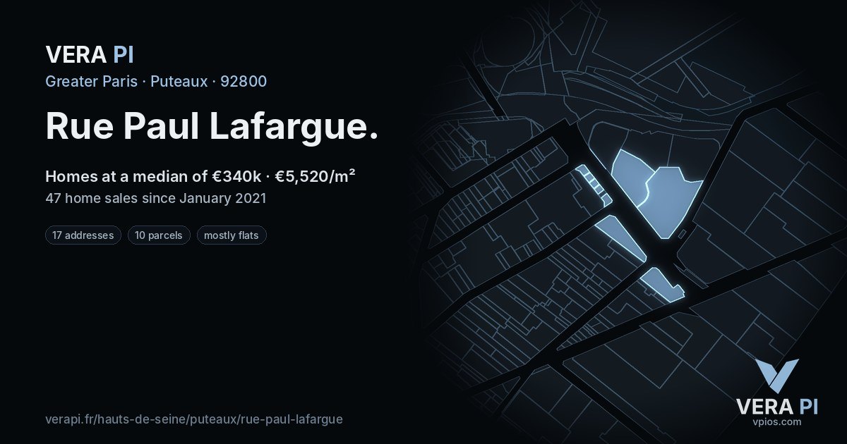 Rue Paul Lafargue, Puteaux at night – every parcel coloured by the prices around it, the street's own parcels lit