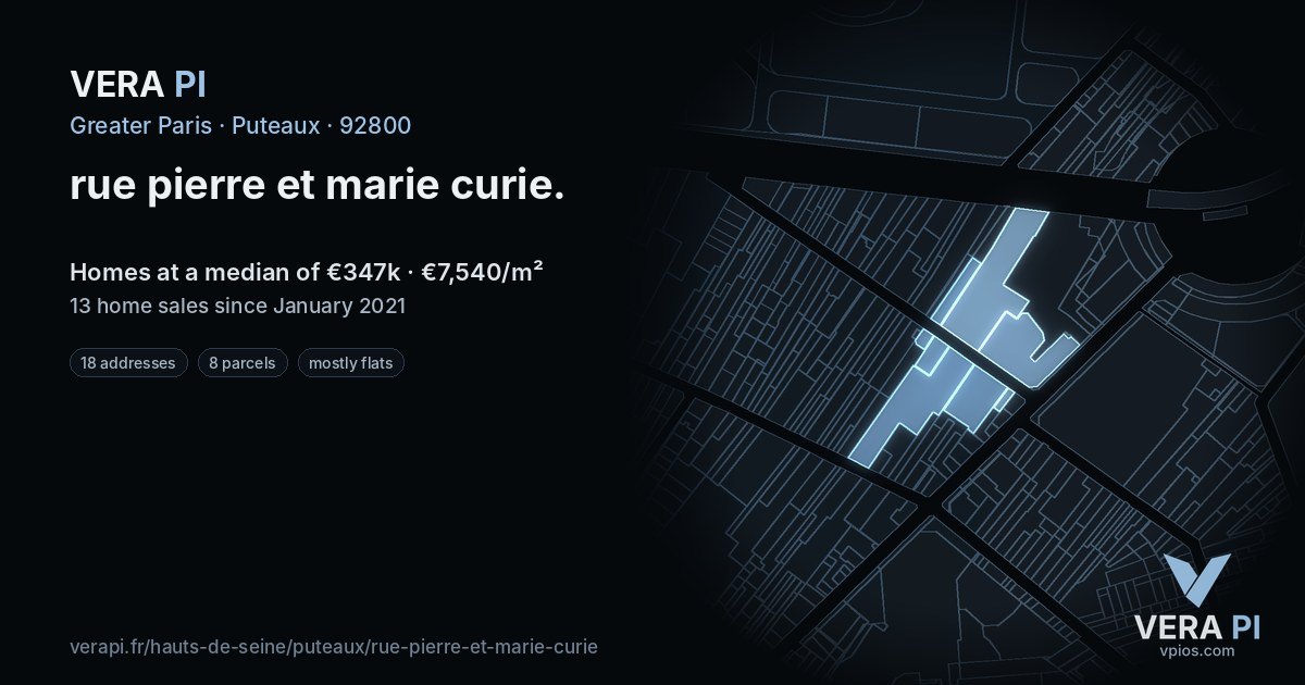 rue pierre et marie curie, Puteaux at night – every parcel coloured by the prices around it, the street's own parcels lit