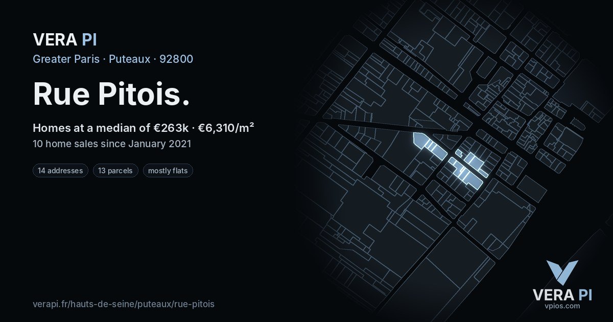 Rue Pitois, Puteaux at night – every parcel coloured by the prices around it, the street's own parcels lit