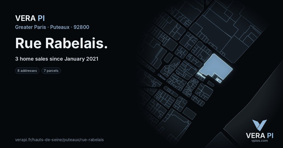 Rue Rabelais, Puteaux at night – every parcel coloured by the prices around it, the street's own parcels lit