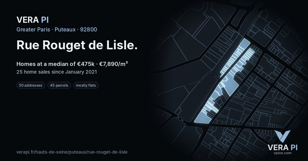 Rue Rouget de Lisle, Puteaux at night – every parcel coloured by the prices around it, the street's own parcels lit
