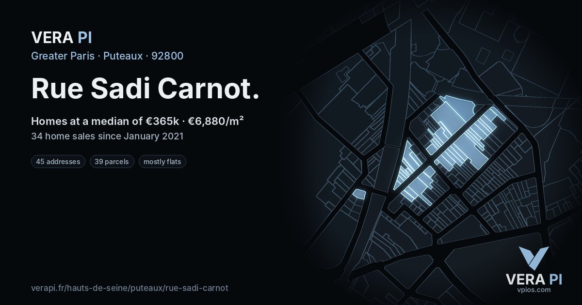 Rue Sadi Carnot, Puteaux at night – every parcel coloured by the prices around it, the street's own parcels lit