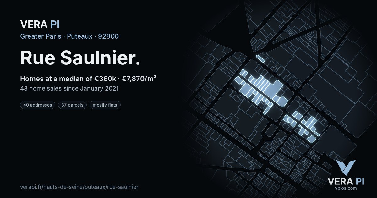 Rue Saulnier, Puteaux at night – every parcel coloured by the prices around it, the street's own parcels lit