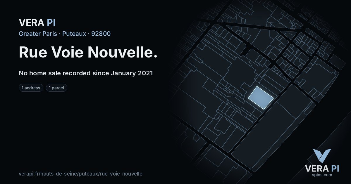 Rue Voie Nouvelle, Puteaux at night – every parcel coloured by the prices around it, the street's own parcels lit