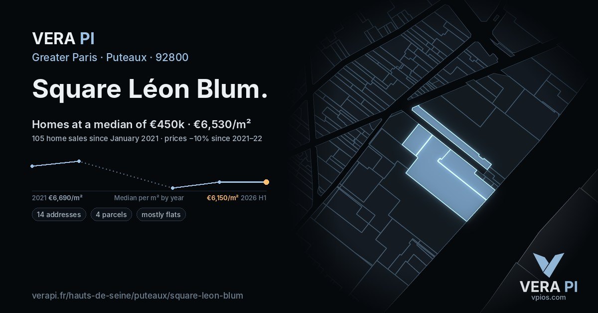 Square Léon Blum, Puteaux at night – every parcel coloured by the prices around it, the street's own parcels lit
