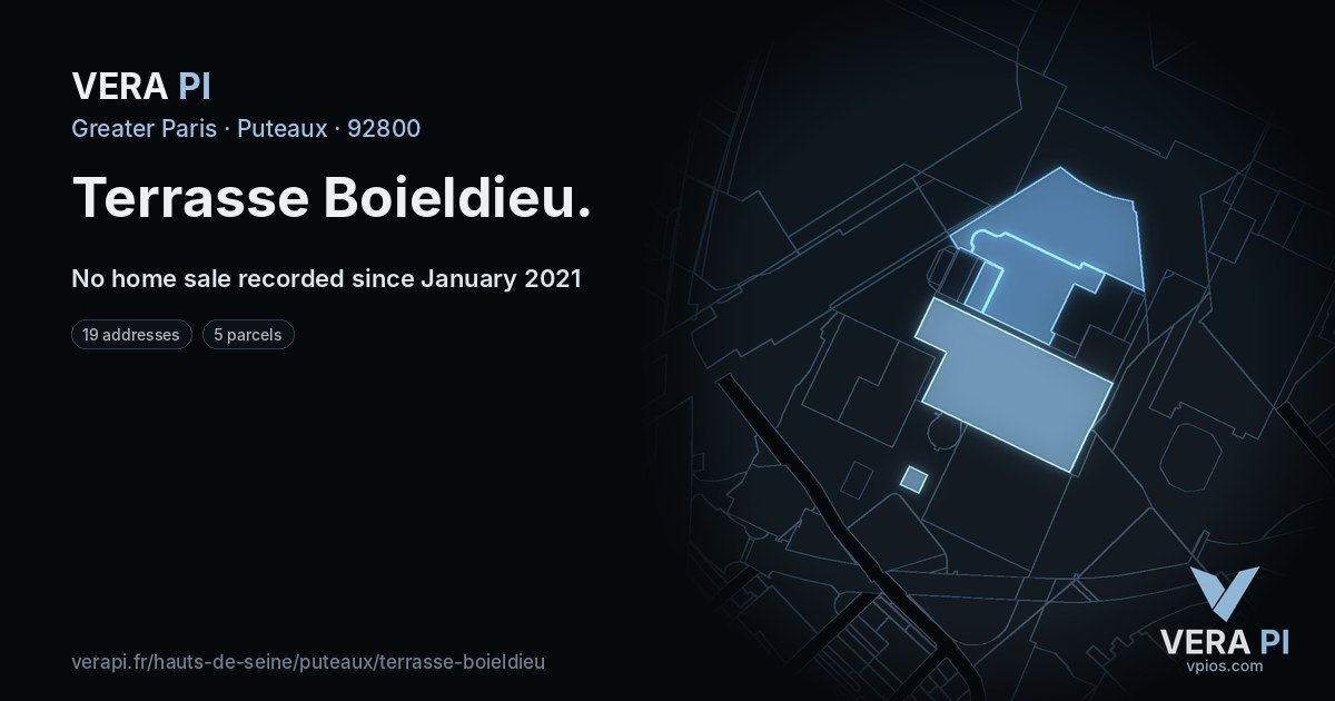 Terrasse Boieldieu, Puteaux at night – every parcel coloured by the prices around it, the street's own parcels lit