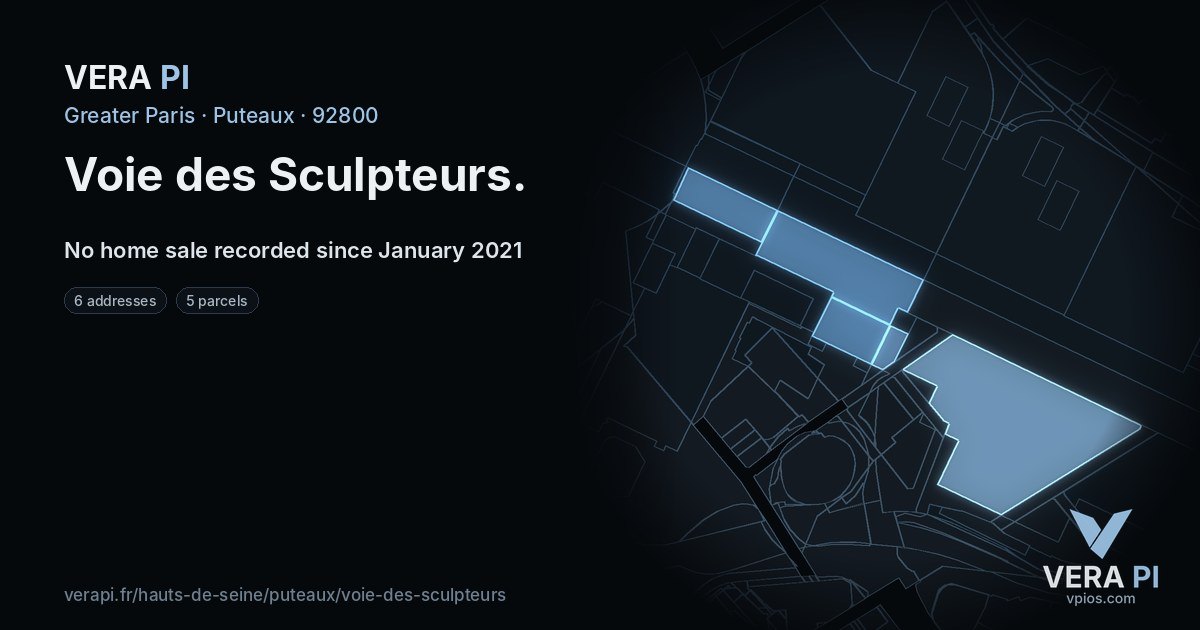 Voie des Sculpteurs, Puteaux at night – every parcel coloured by the prices around it, the street's own parcels lit