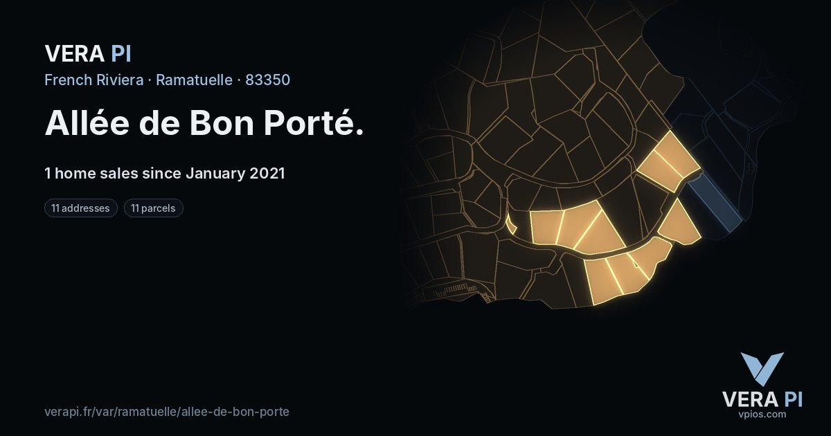 Allée de Bon Porté, Ramatuelle at night – every parcel coloured by the prices around it, the street's own parcels lit