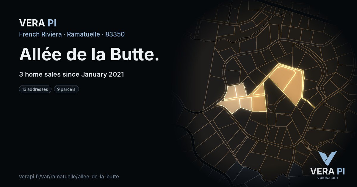 Allée de la Butte, Ramatuelle at night – every parcel coloured by the prices around it, the street's own parcels lit