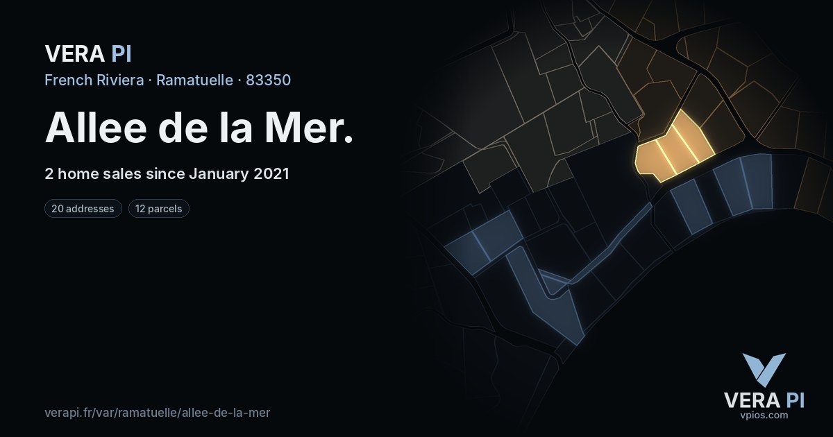 Allee de la Mer, Ramatuelle at night – every parcel coloured by the prices around it, the street's own parcels lit