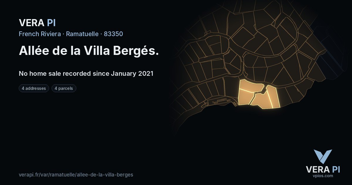 Allée de la Villa Bergés, Ramatuelle at night – every parcel coloured by the prices around it, the street's own parcels lit