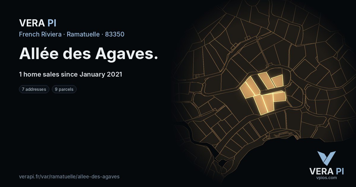Allée des Agaves, Ramatuelle at night – every parcel coloured by the prices around it, the street's own parcels lit