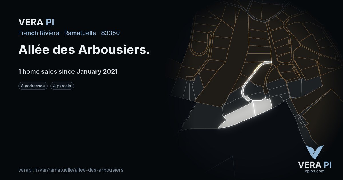 Allée des Arbousiers, Ramatuelle at night – every parcel coloured by the prices around it, the street's own parcels lit