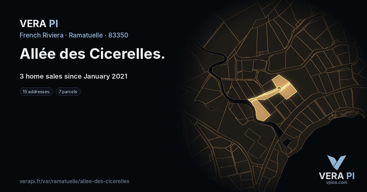 Allée des Cicerelles, Ramatuelle at night – every parcel coloured by the prices around it, the street's own parcels lit