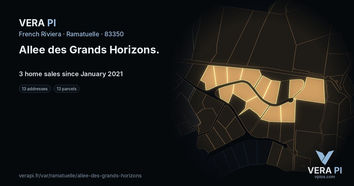 Allee des Grands Horizons, Ramatuelle at night – every parcel coloured by the prices around it, the street's own parcels lit