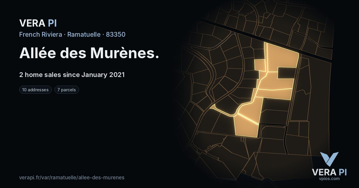 Allée des Murènes, Ramatuelle at night – every parcel coloured by the prices around it, the street's own parcels lit