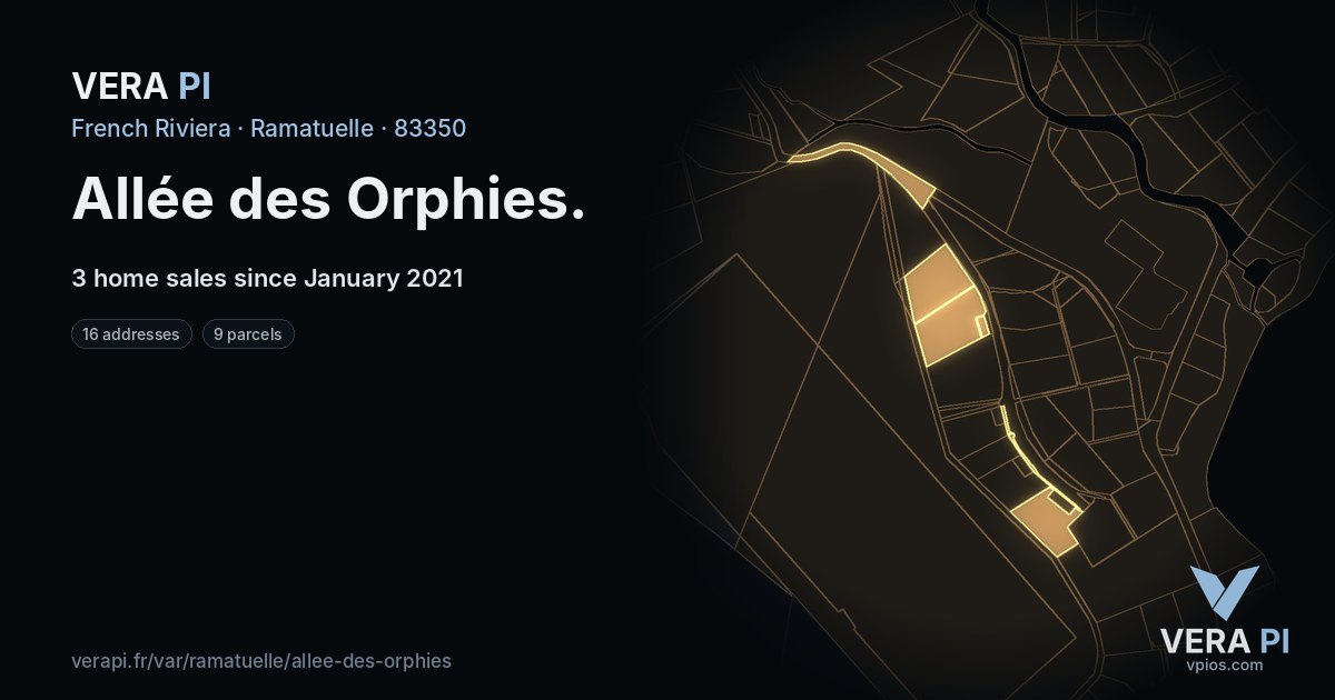 Allée des Orphies, Ramatuelle at night – every parcel coloured by the prices around it, the street's own parcels lit