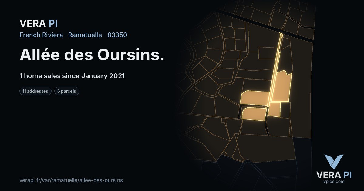Allée des Oursins, Ramatuelle at night – every parcel coloured by the prices around it, the street's own parcels lit