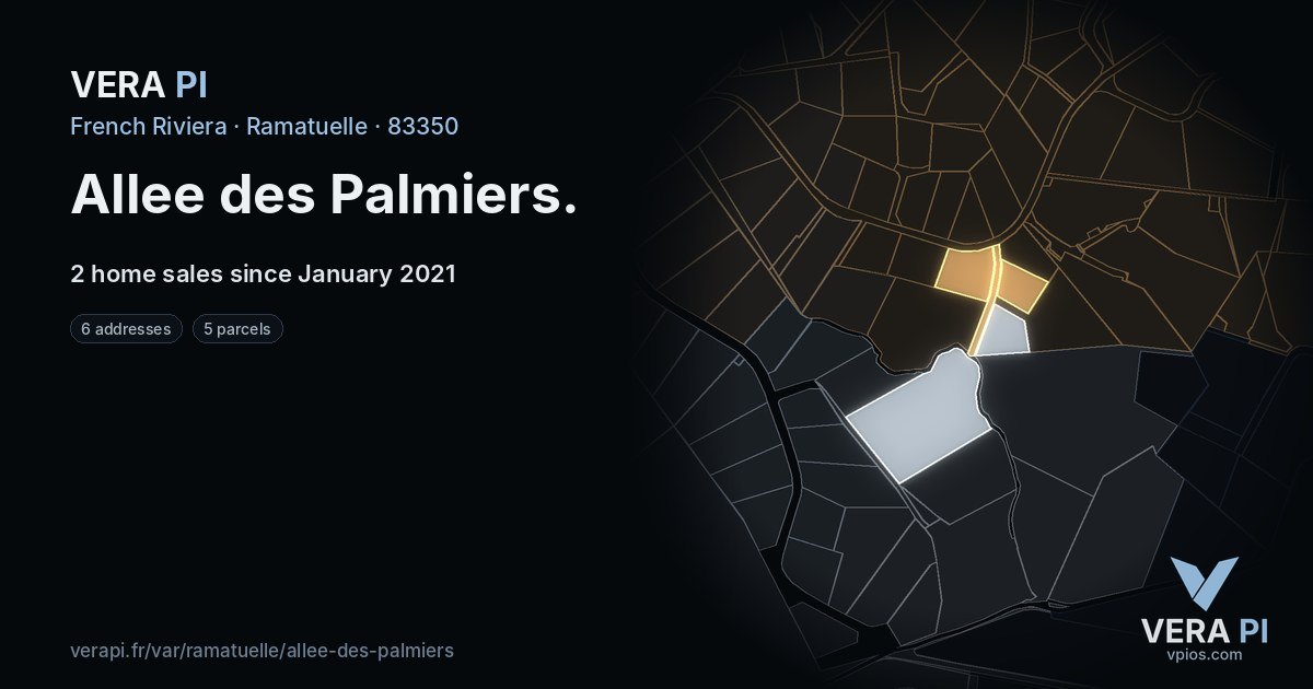 Allee des Palmiers, Ramatuelle at night – every parcel coloured by the prices around it, the street's own parcels lit