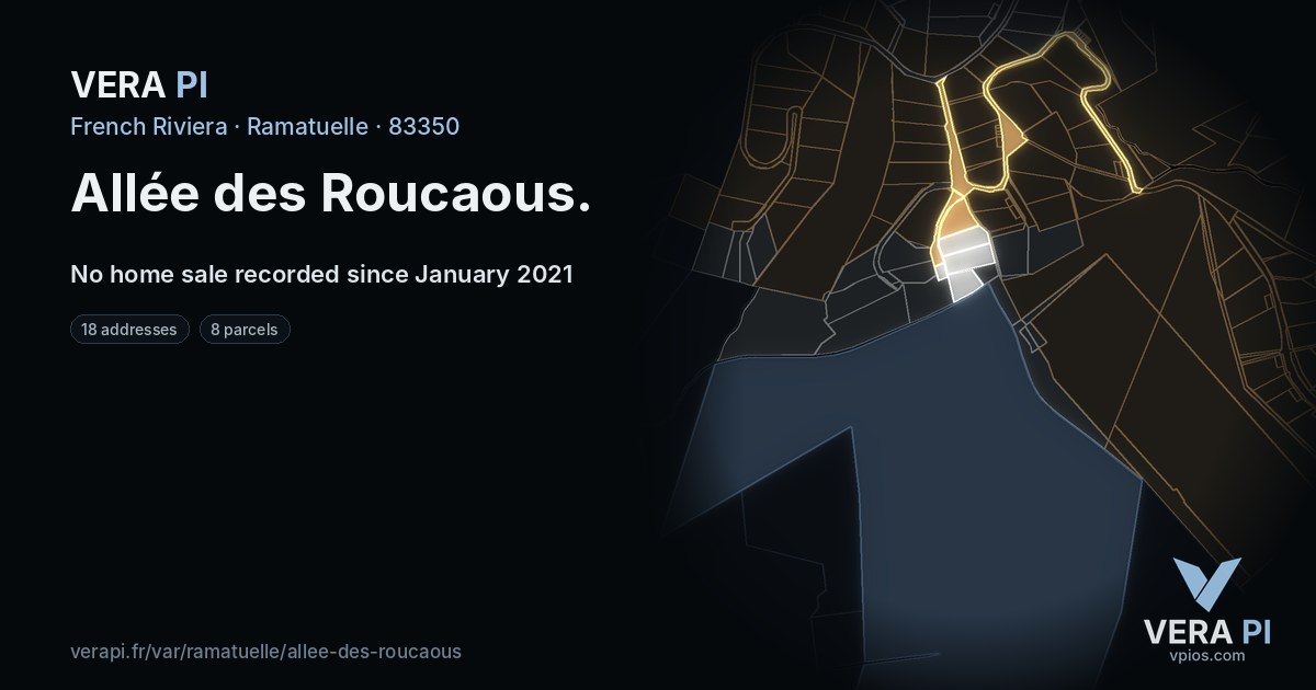 Allée des Roucaous, Ramatuelle at night – every parcel coloured by the prices around it, the street's own parcels lit