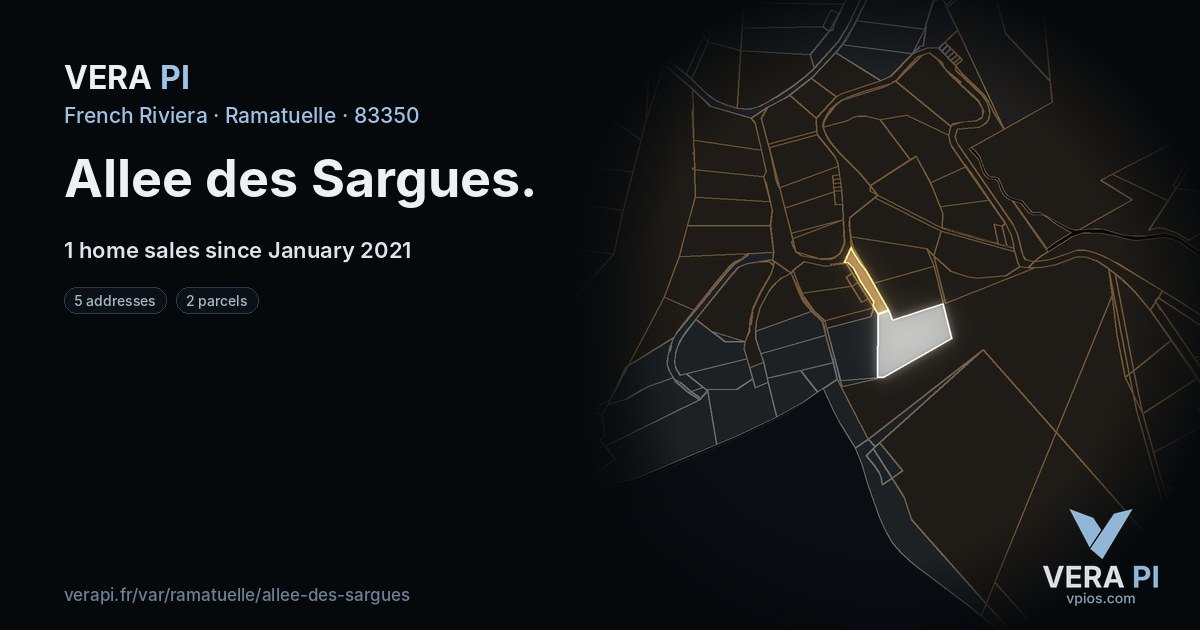 Allee des Sargues, Ramatuelle at night – every parcel coloured by the prices around it, the street's own parcels lit