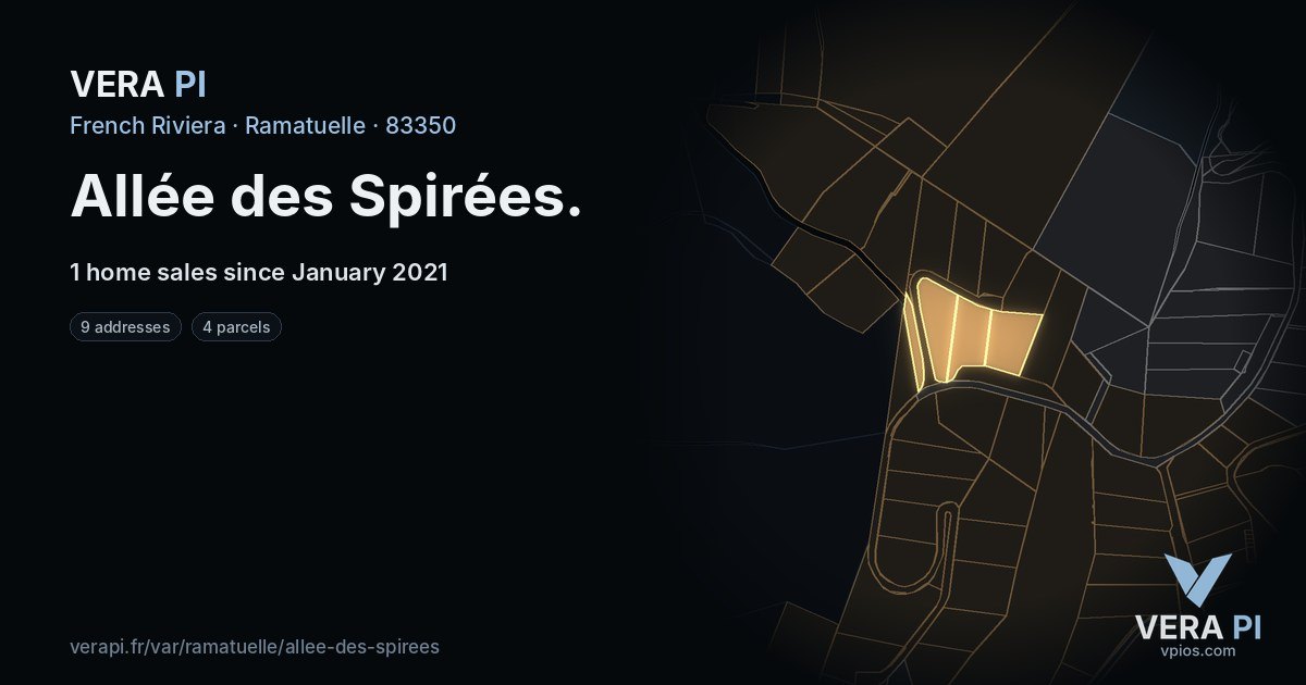 Allée des Spirées, Ramatuelle at night – every parcel coloured by the prices around it, the street's own parcels lit