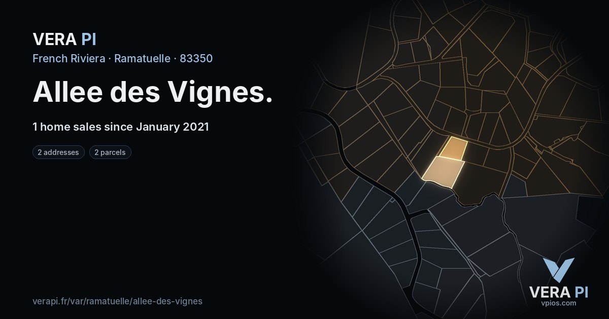 Allee des Vignes, Ramatuelle at night – every parcel coloured by the prices around it, the street's own parcels lit
