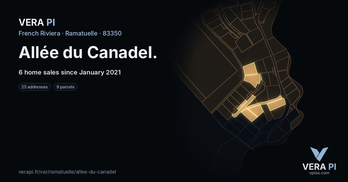 Allée du Canadel, Ramatuelle at night – every parcel coloured by the prices around it, the street's own parcels lit