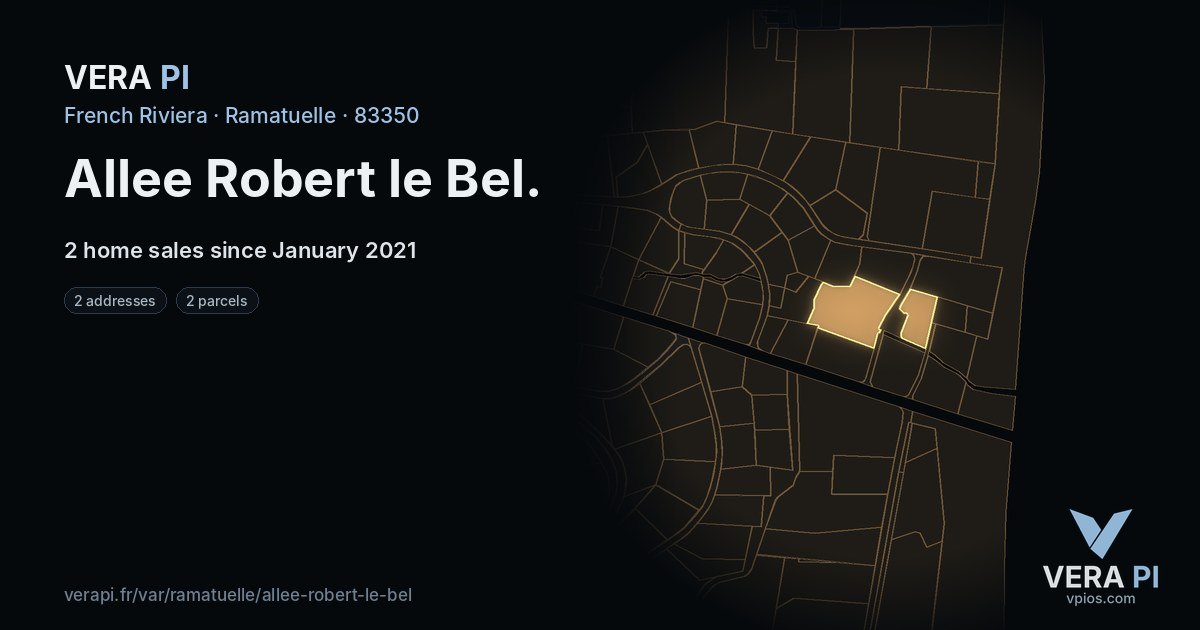 Allee Robert le Bel, Ramatuelle at night – every parcel coloured by the prices around it, the street's own parcels lit