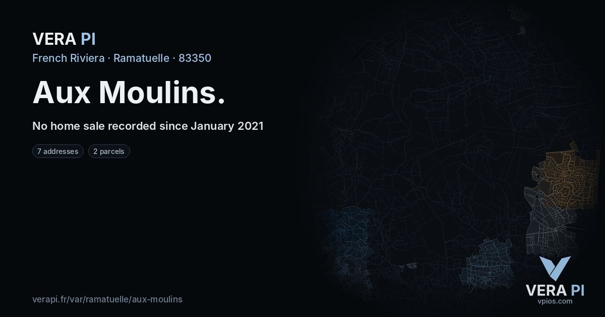 Aux Moulins, Ramatuelle at night – every parcel coloured by the prices around it, the street's own parcels lit