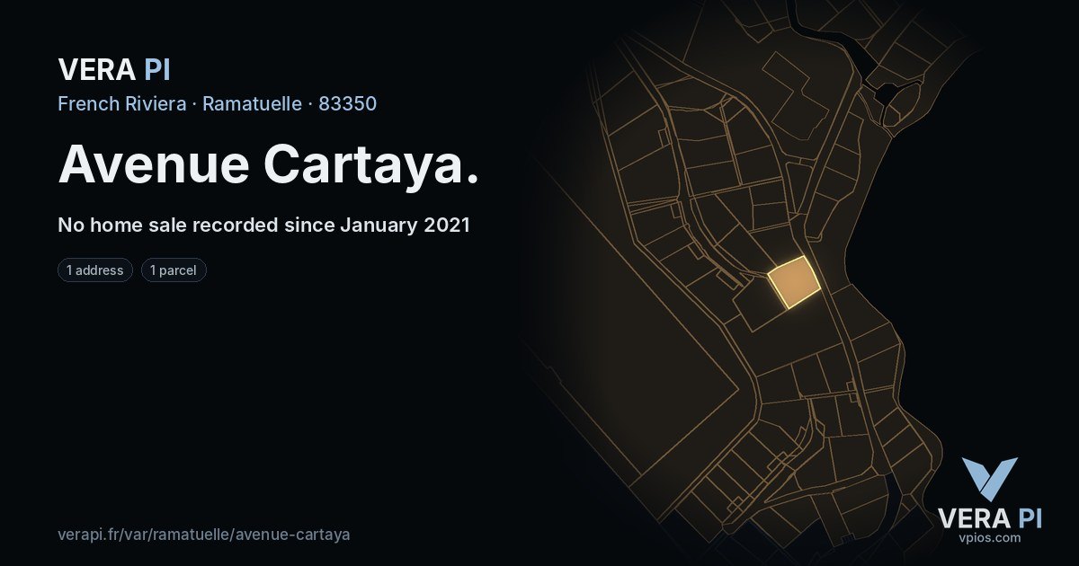 Avenue Cartaya, Ramatuelle at night – every parcel coloured by the prices around it, the street's own parcels lit