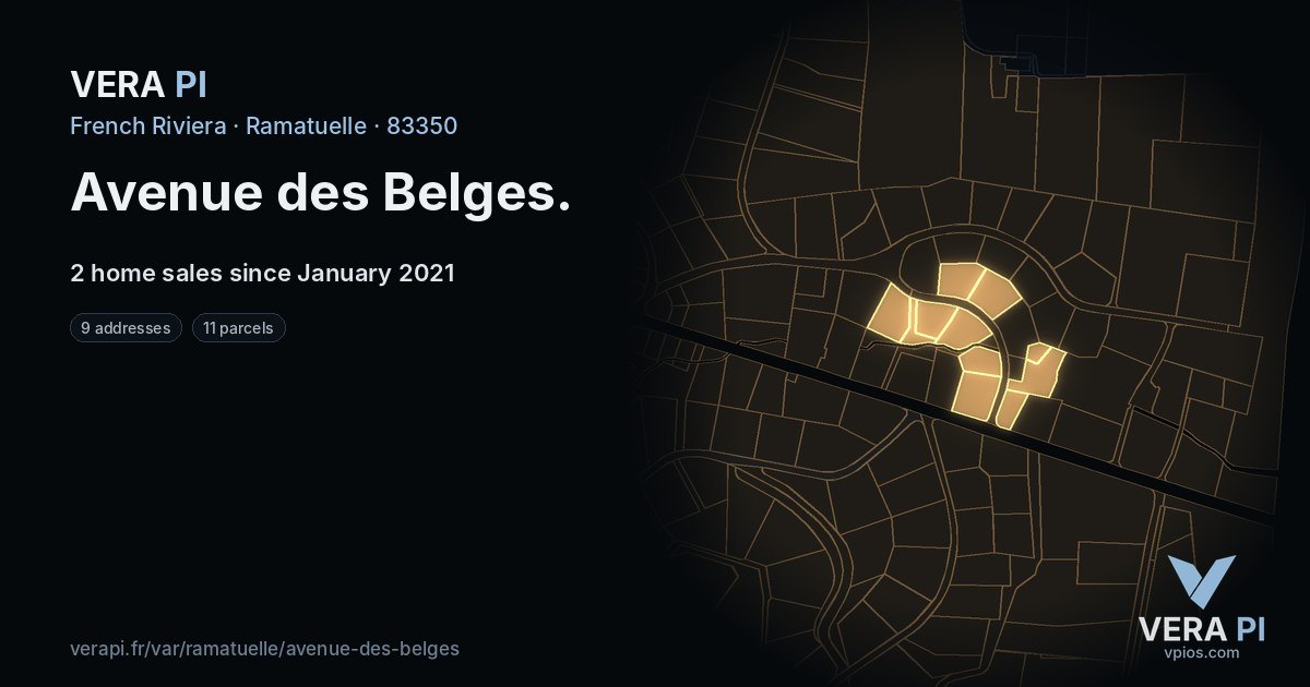 Avenue des Belges, Ramatuelle at night – every parcel coloured by the prices around it, the street's own parcels lit