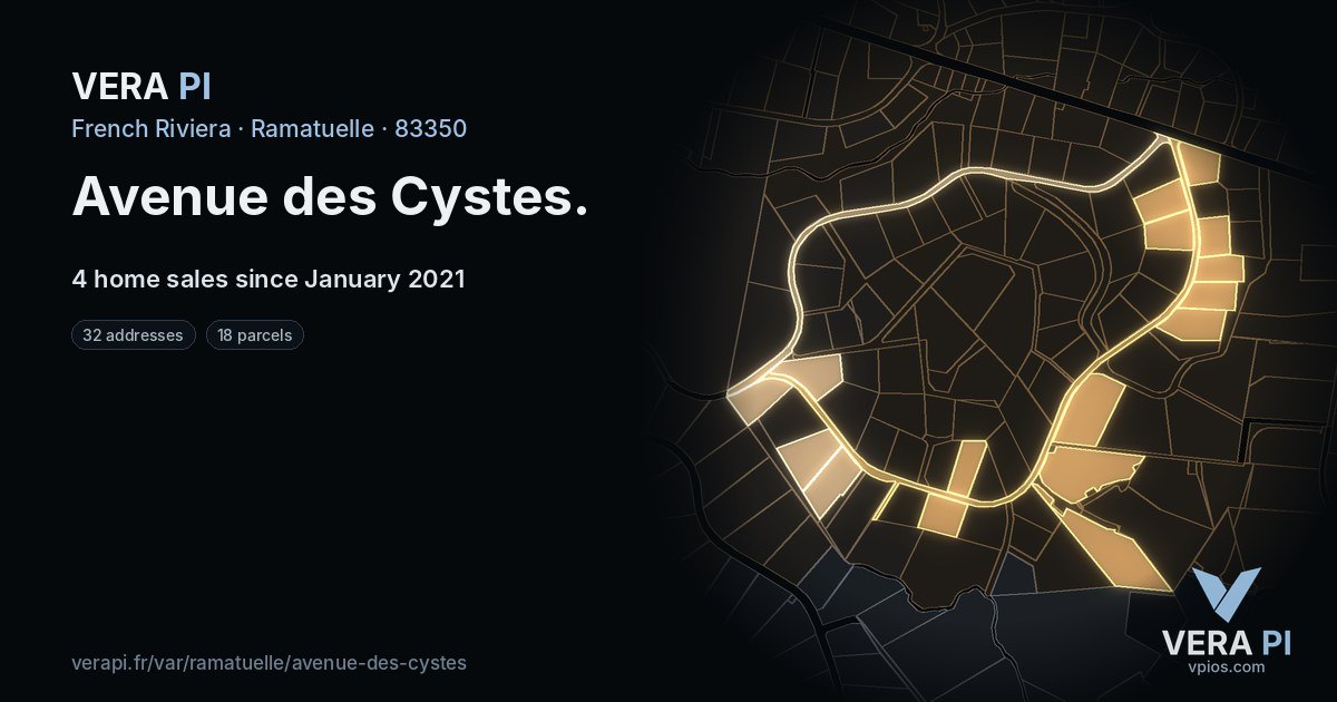 Avenue des Cystes, Ramatuelle at night – every parcel coloured by the prices around it, the street's own parcels lit
