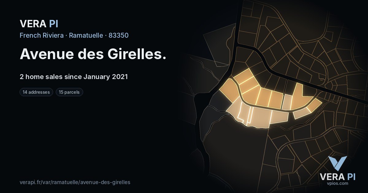 Avenue des Girelles, Ramatuelle at night – every parcel coloured by the prices around it, the street's own parcels lit