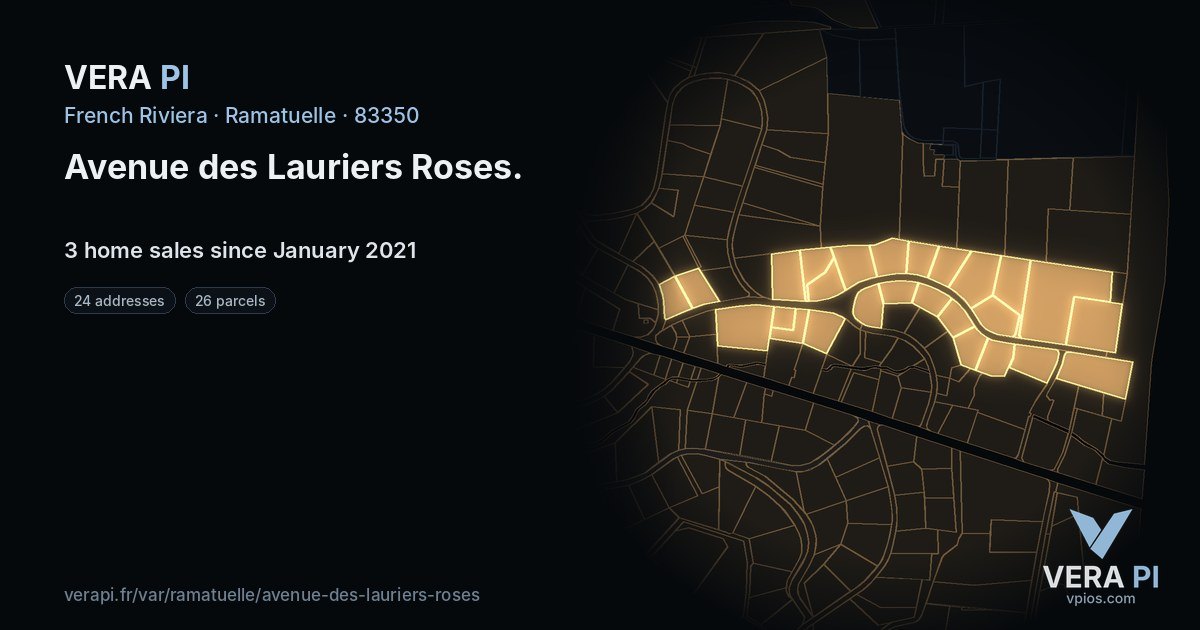 Avenue des Lauriers Roses, Ramatuelle at night – every parcel coloured by the prices around it, the street's own parcels lit