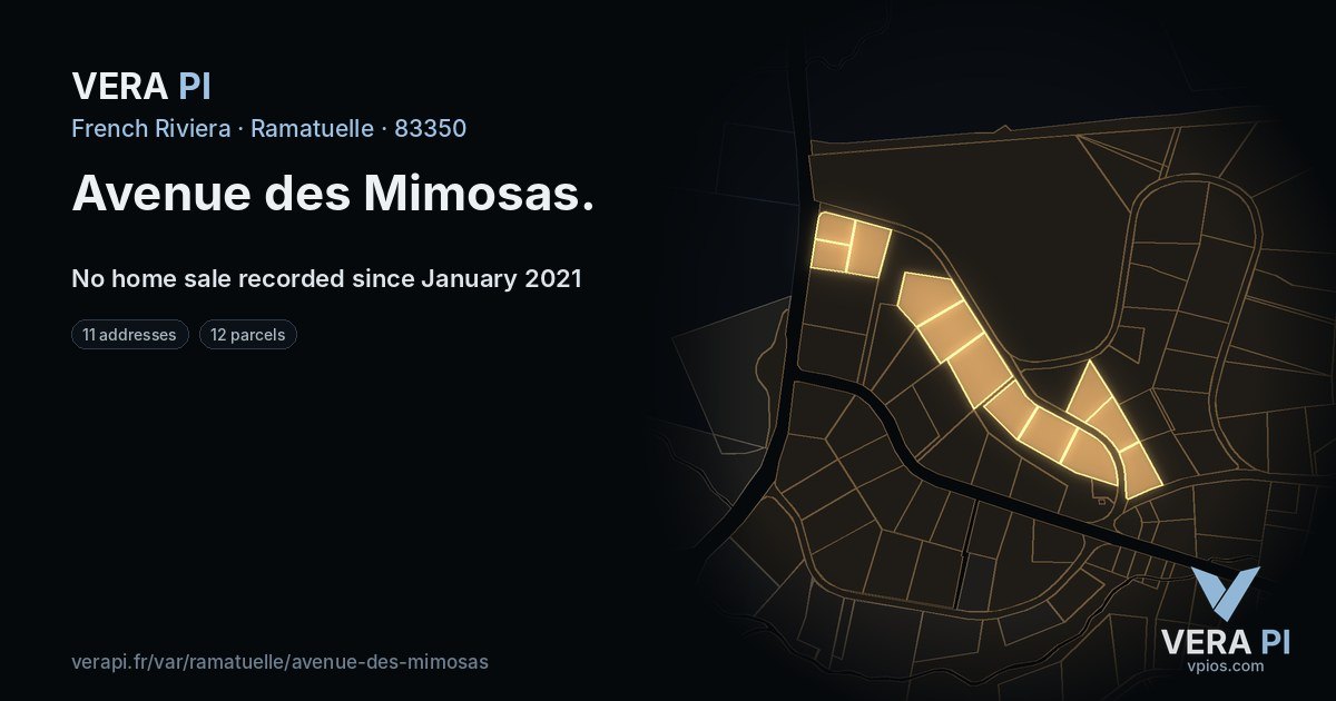 Avenue des Mimosas, Ramatuelle at night – every parcel coloured by the prices around it, the street's own parcels lit