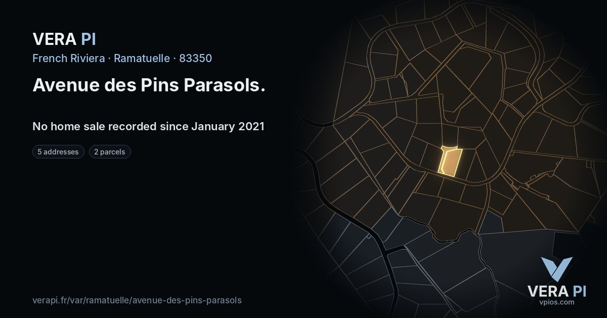 Avenue des Pins Parasols, Ramatuelle at night – every parcel coloured by the prices around it, the street's own parcels lit