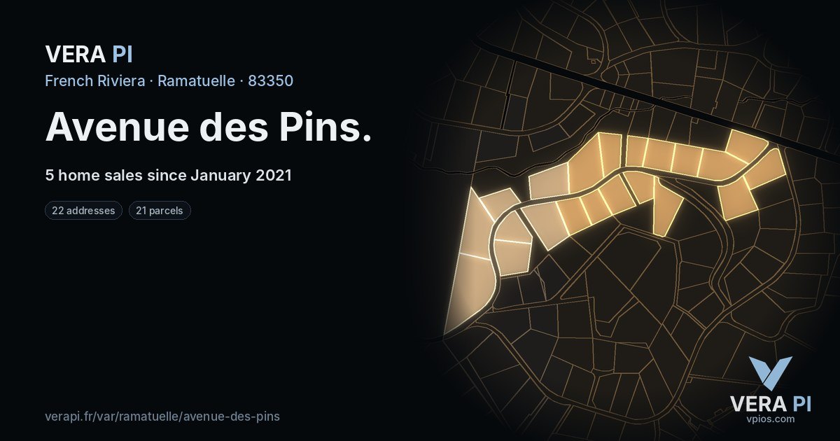 Avenue des Pins, Ramatuelle at night – every parcel coloured by the prices around it, the street's own parcels lit