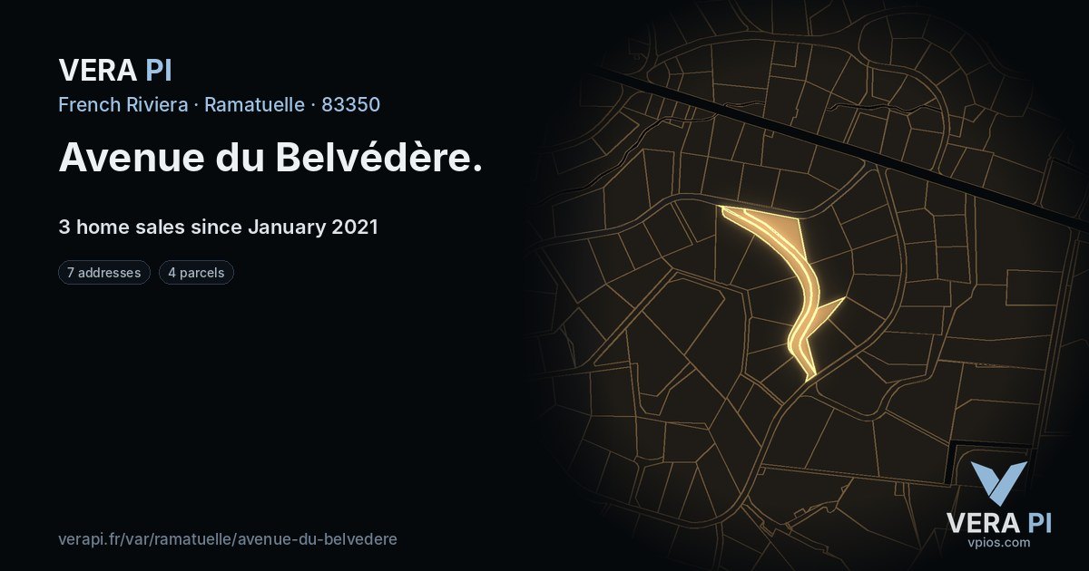 Avenue du Belvédère, Ramatuelle at night – every parcel coloured by the prices around it, the street's own parcels lit