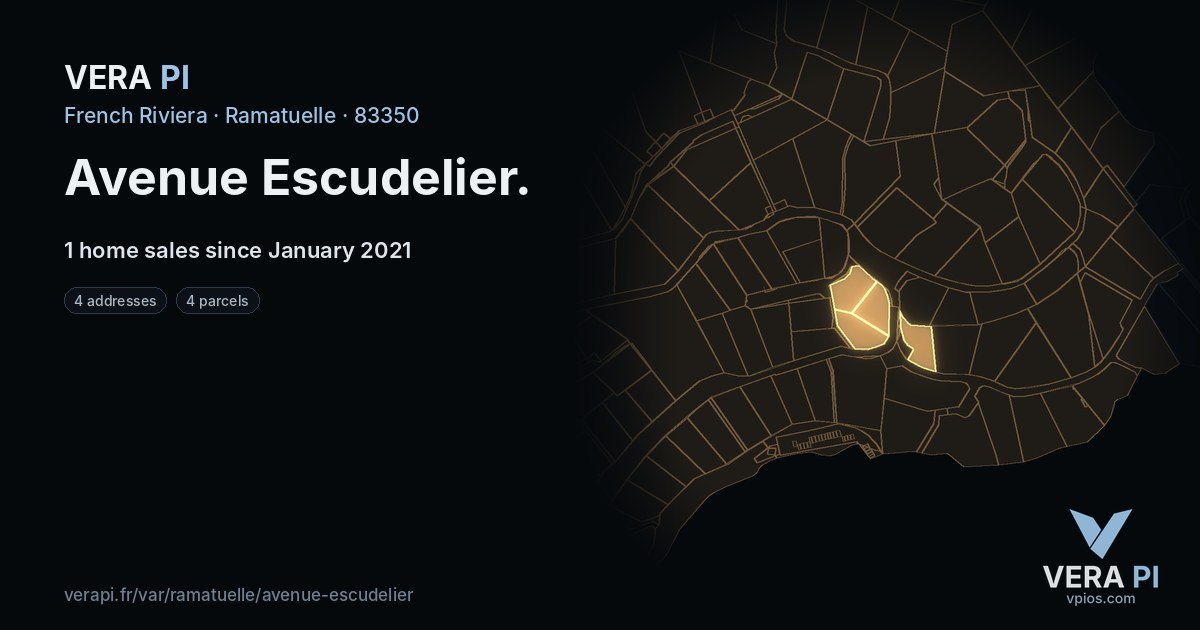 Avenue Escudelier, Ramatuelle at night – every parcel coloured by the prices around it, the street's own parcels lit