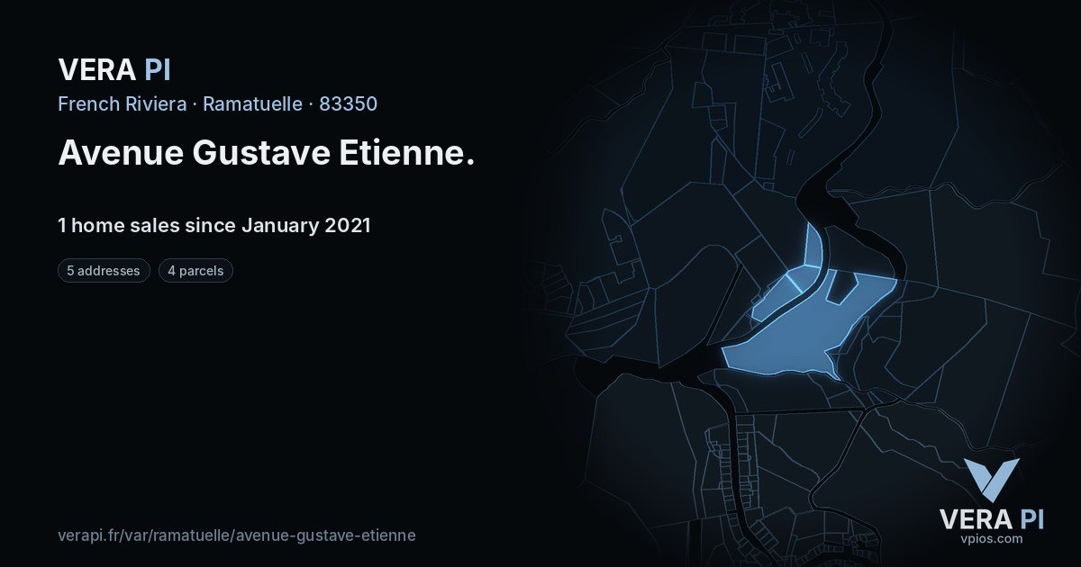 Avenue Gustave Etienne, Ramatuelle at night – every parcel coloured by the prices around it, the street's own parcels lit