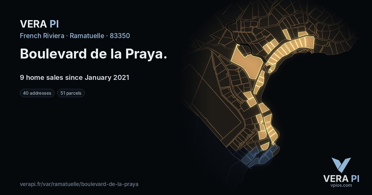 Boulevard de la Praya, Ramatuelle at night – every parcel coloured by the prices around it, the street's own parcels lit